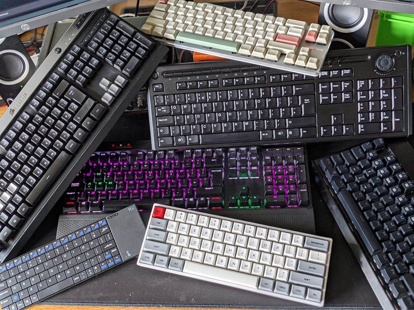 Mark’s graveyard of keyboards that he used in attempting to alleviate elbow and shoulder pain. None of them worked.